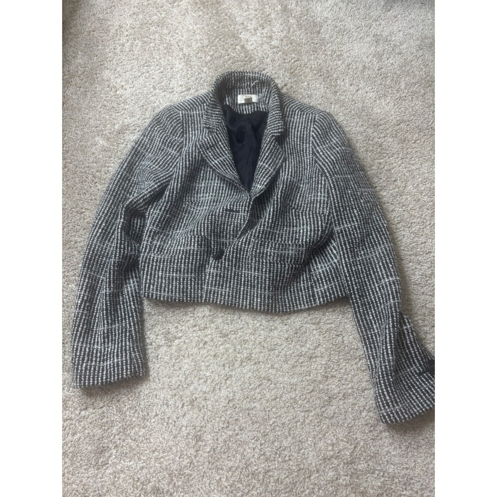 Ann Taylor Loft Black White Cropped Tweed Blazer Jacket Size 6 Textured Cotton